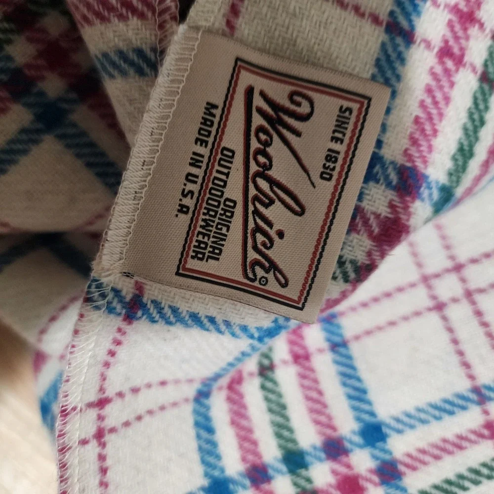 Woolrich Vintage Plaid Wool Blanket Cream Blue Green Red Made in USA 60x59